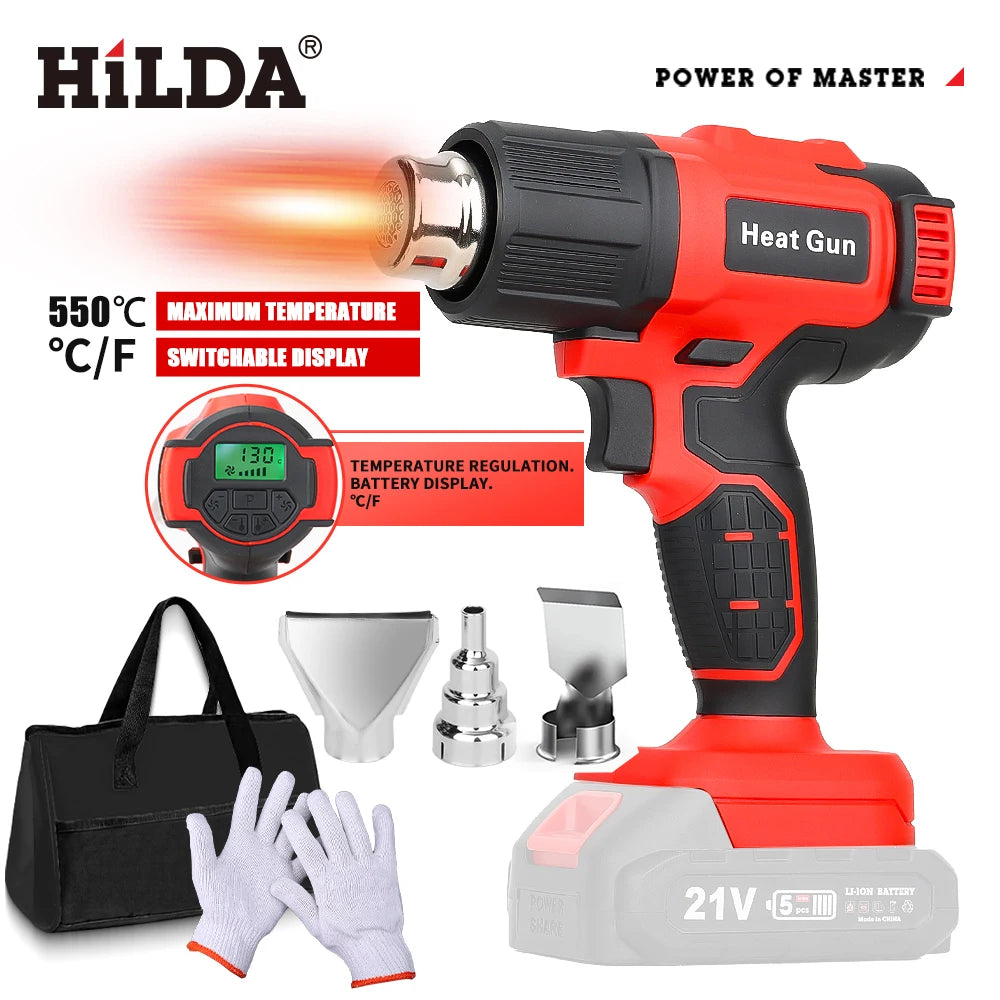 HILDA 21V Cordless Hot Air Gun Adjustable Temperature Rechargeable Handheld Heat Gun with Nozzles Compatible for Makita Battery