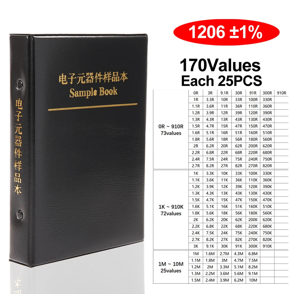Resistor Kit 1% FR-07 170 Values SMD Book Resistor Assortment Kit 0201 0402 0603 0805 1206  0R-10M Smd DIY Sample Book