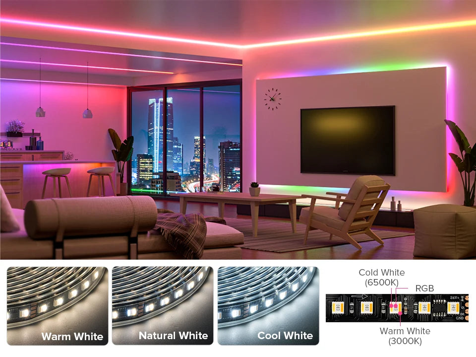 WS2805 Pixels LED Strip Light RGBCCT 5 in 1 Addressable LED Lights Dual Signal RGB WW CW 3000K-6500K DC12V 24V 1 IC to 3/6/7 LED