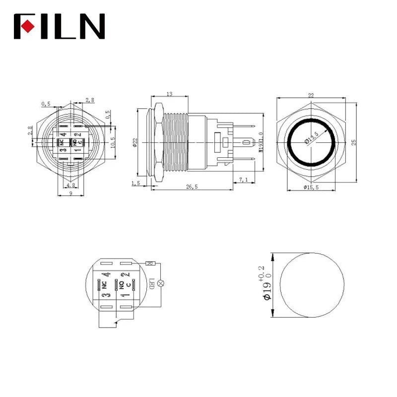 FILN 16mm 19mm 22mm Stainless Steel Waterproof LED Indicator Metal Push Button  Switch Power Symbol   Start Stop Power on Off