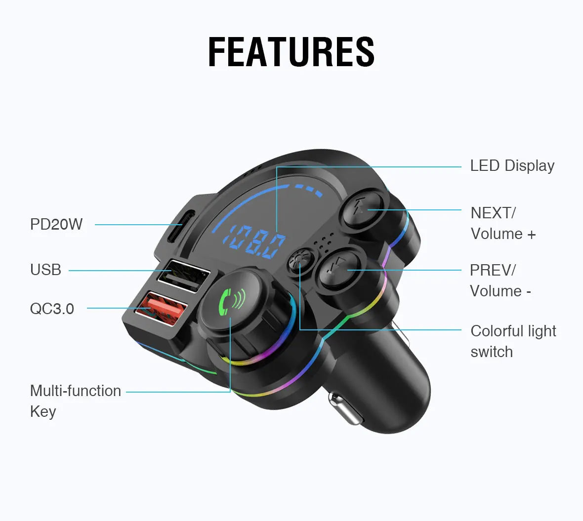 Bluetooth 5.3 FM Transmitter Handsfree Car AUX Radio Modulator MP3 Player with QC3.0 & PD20W Fast Charge Adapter Car Accessories