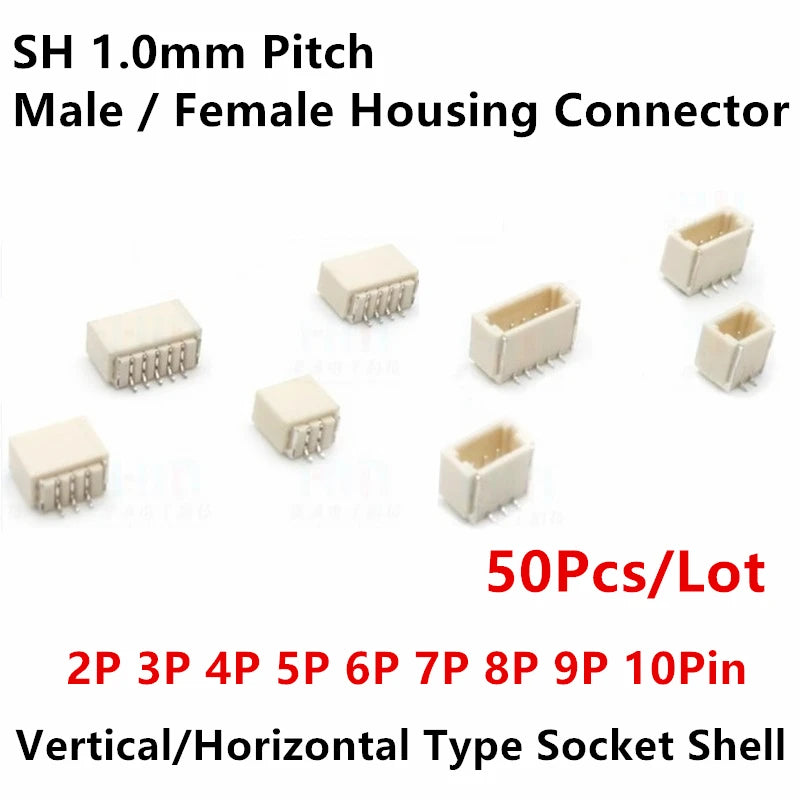 50Pcs JST SH1.0 1.0mm Pitch Male / Female Housing Connector 2P 3P 4P 5P 6P 7P 8P 9P 10Pin Vertical/Horizontal Type Socket Shell