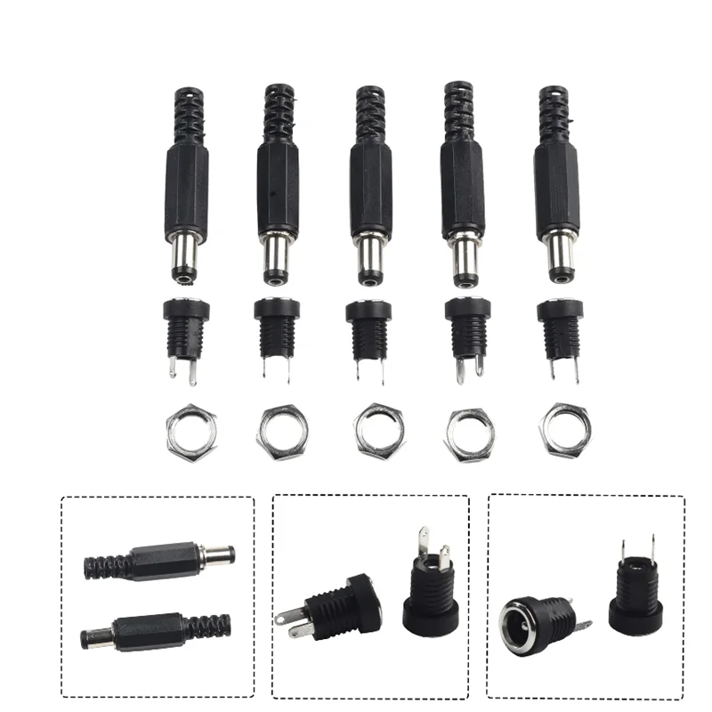 5 Pair DC 12V Male Female Socket Panel Mount Barrels Jack Plug Power Connector Female Jack Screw Nut Panel Mount Connector