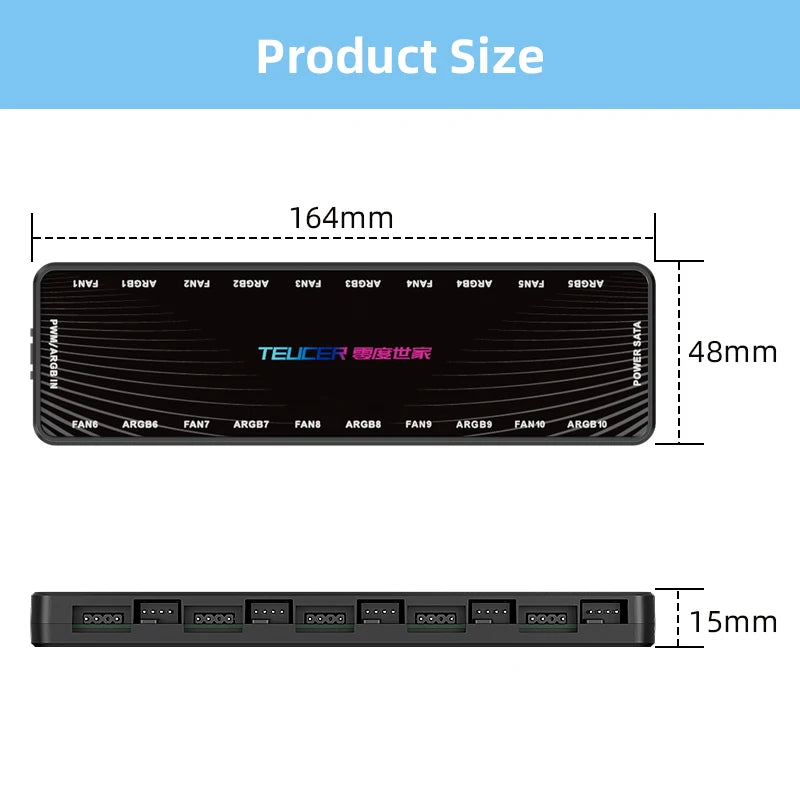 TEUCER LP-10P 12V 4Pin PWM & 5V 3Pin ARGB with SATA 10 Way Sync Fan Hub PC Cooling Fan Addressable RGB Lighting Splitter