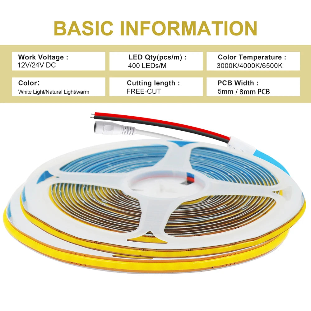 5mm 8mm PCB Free Cut COB LED Strip 12V 24V Tape Light 400 Leds Flexible 3000k 6000k 4000k 0.5m 2m 5m 10m 20m Linear Lighting