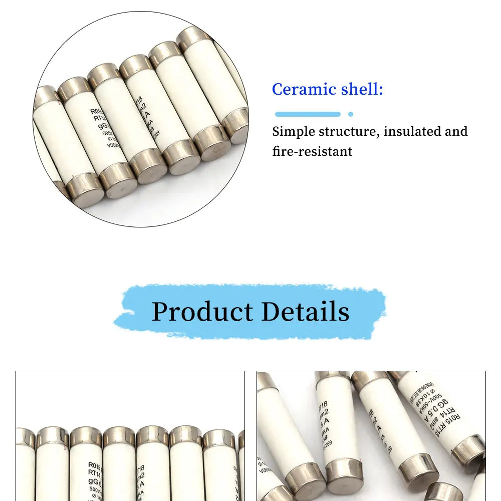 5/20/60Pcs 10*38 Fast blow Ceramic Fuse 10x38mm Fuse 380V 500V 0.5A 1A 2A 3A 4A 5A 6A 8A 10A 16A 20A 25A 32A 40A RO15 RT18 RT14