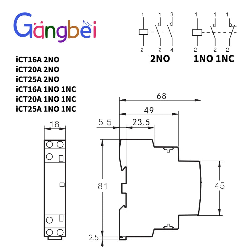 Modular Household Contactor 220V ICT 2P 16A 20A 25A 2NC 2NO 1NO 1NC 50/60Hz