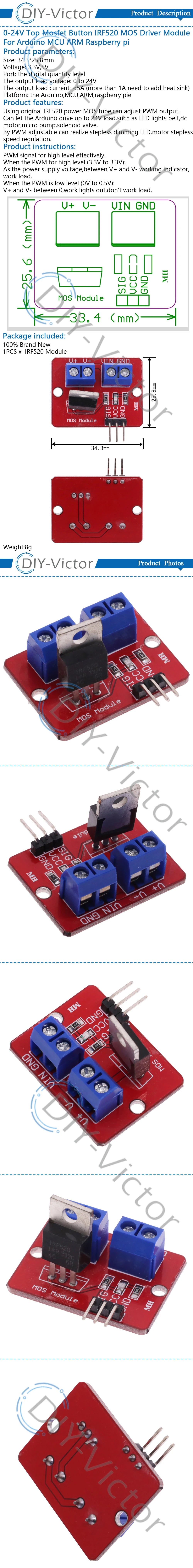 0-24V 3.3V 5V Top Mosfet Button PWM regulating IRF520 MOS Driver Module For Arduino MCU ARM Raspberry pi