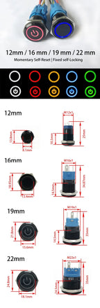 12/16/19/22mm Oxidized Black shell Push Button Switch Momentary Latching Fixed On Off Power Switch LED Light Various Colors