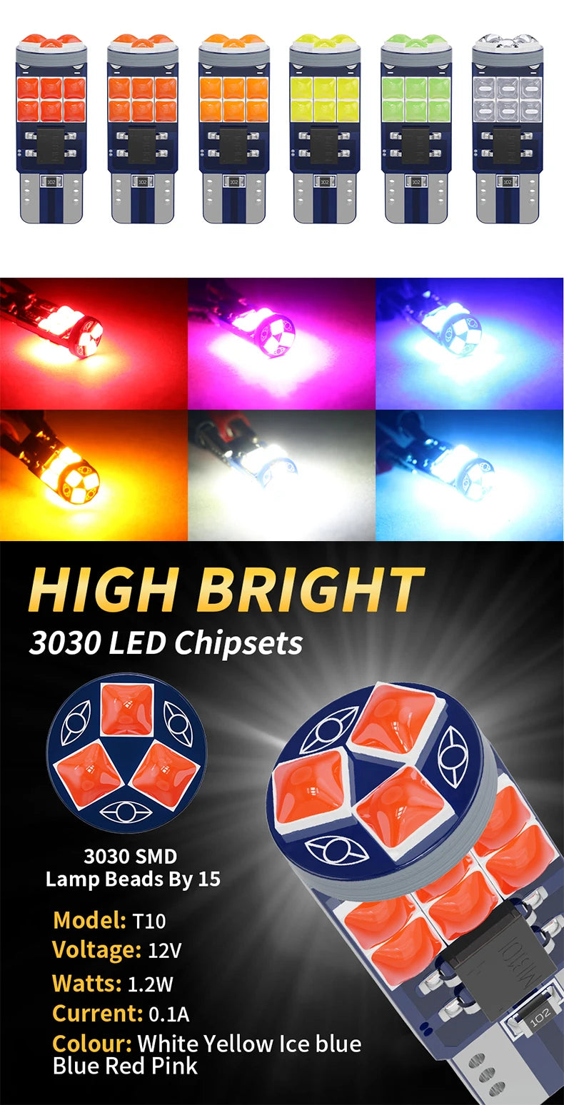 2/10X Car T10 W5W Socket LED Light 3D 3030 SMD Canbus Error Free Auto Interior Reading Lamp Side Parking Bulb 12V White Ice Blue