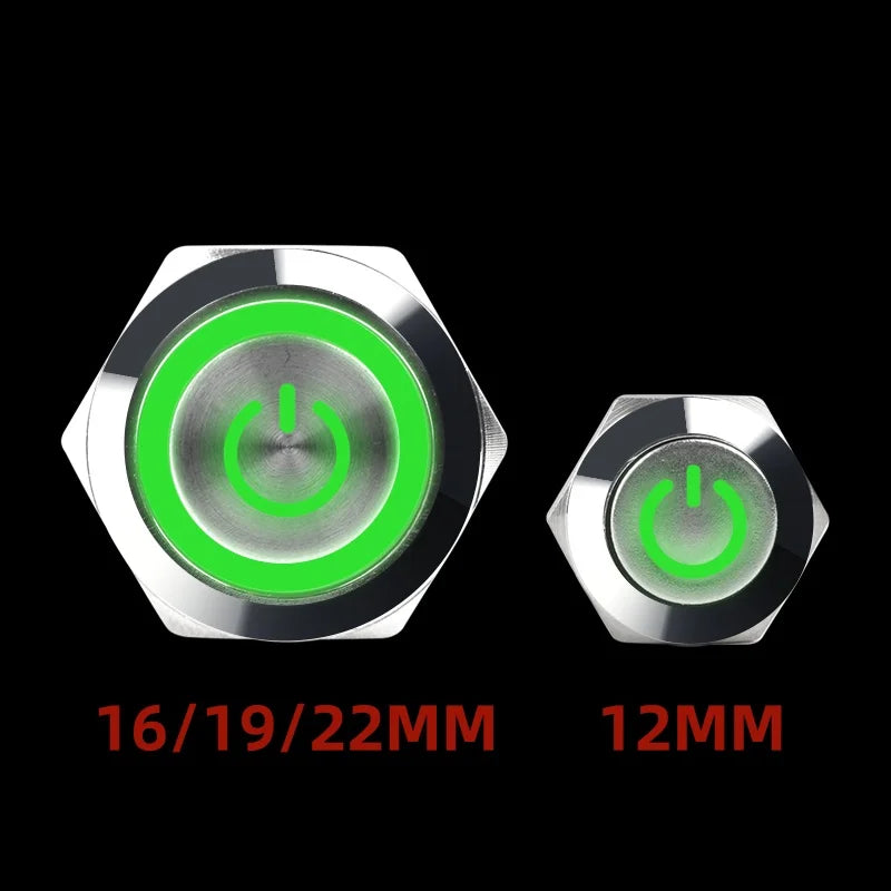 12 16 19 22MM Metal Button Switch LED Light Waterproof Momentary  Self-Locking Car Engine Power Supply 5V 6V12V24V 220V Red Blue