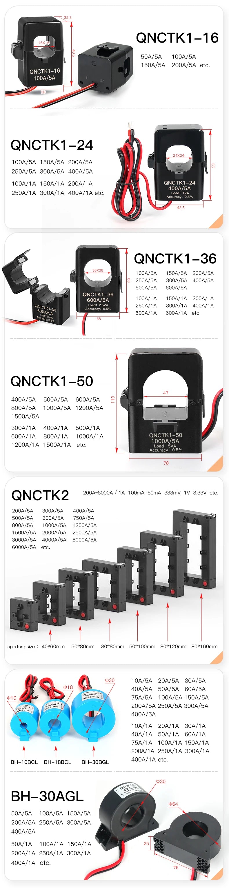 Current Transformer CT QNCT16L 10A 10mA 20A 20mA 30A 30mA 50A 50mA 2000:1 10A 5mA 20A 10mA 100A Micro Current Transducer Sensor
