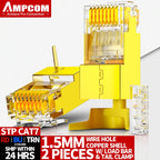 AMPCOM CAT7 Pass Through RJ45 Modular Plug Network Connectors STP 3/50μ Gold-Plated 8P8C Crimp End for Ethernet Cable