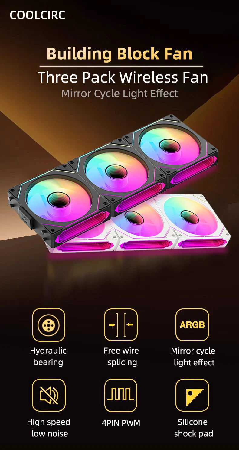 Coolcirc ARGB Infinity Mirror PC Case Fan - 3-Pack 120mm Free Wire-Splicing Cooling Fan with PWM Silent Fan for Computer Case