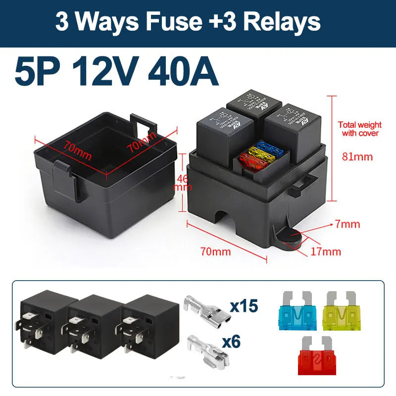 12V/24V 40A 4/5 Pin 3-Way Fuse Relay Box, 3 Relay Holder Standard ATO Fuse Block with Free Assembly for Car Motorcycle