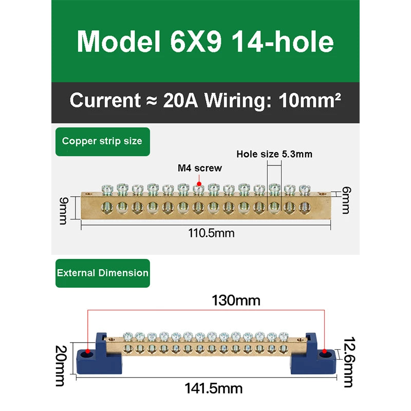 019 Series 6*9 8*12 4/6/8/10/12/14/16 Hole Zero Ground Row Copper Bar Connection Terminal Wiring Terminal of Distribution Box