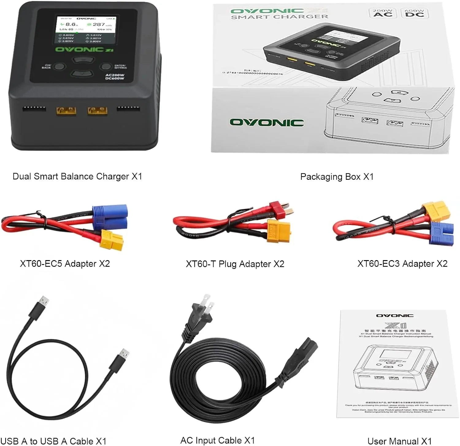 Ovonic X1 Dual Channel Smart LiPo Balance Charger, AC 200W / DC 300W×2, Max 15A Fast Charger for RC & FPV LiPo Batteries