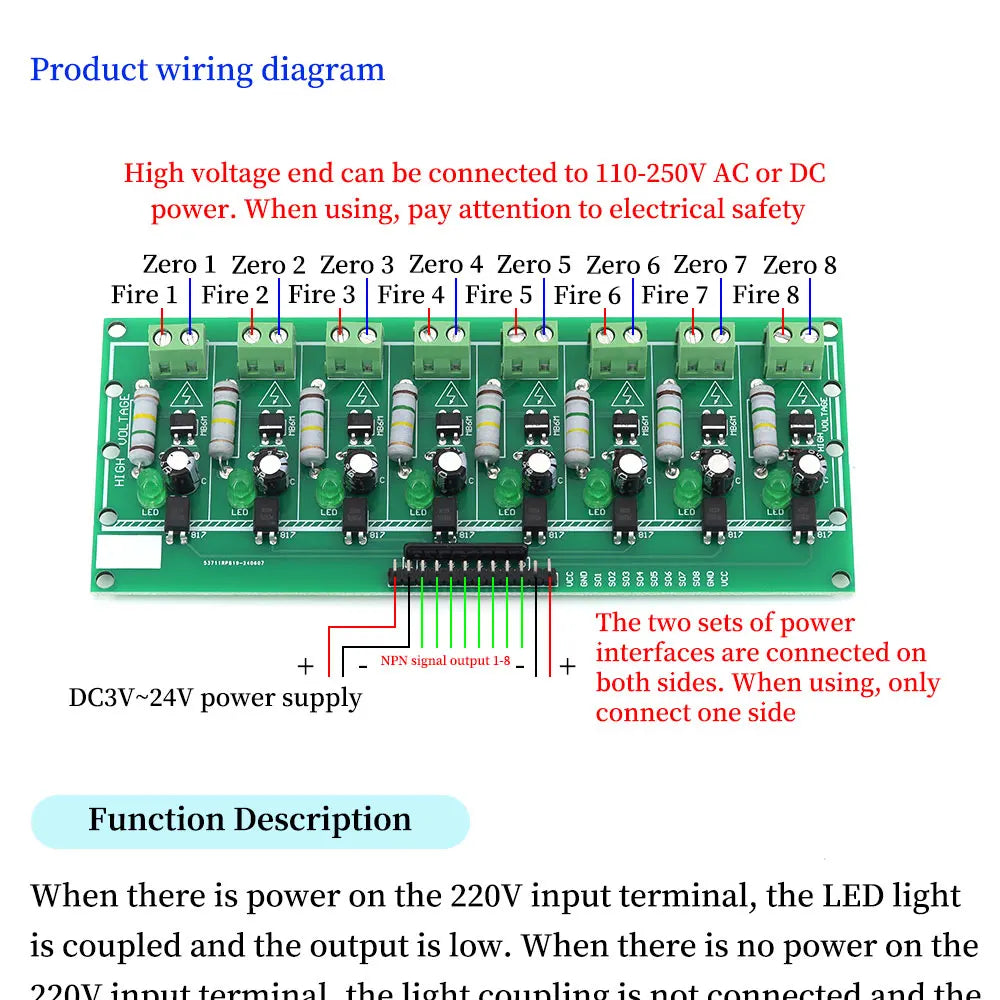 1/2/3/4/8-Bit AC 220V Optocoupler Isolation Module Voltage Detect Board Adaptive 3-5V For PLC Isolamento Fotoaccoppiatore Module