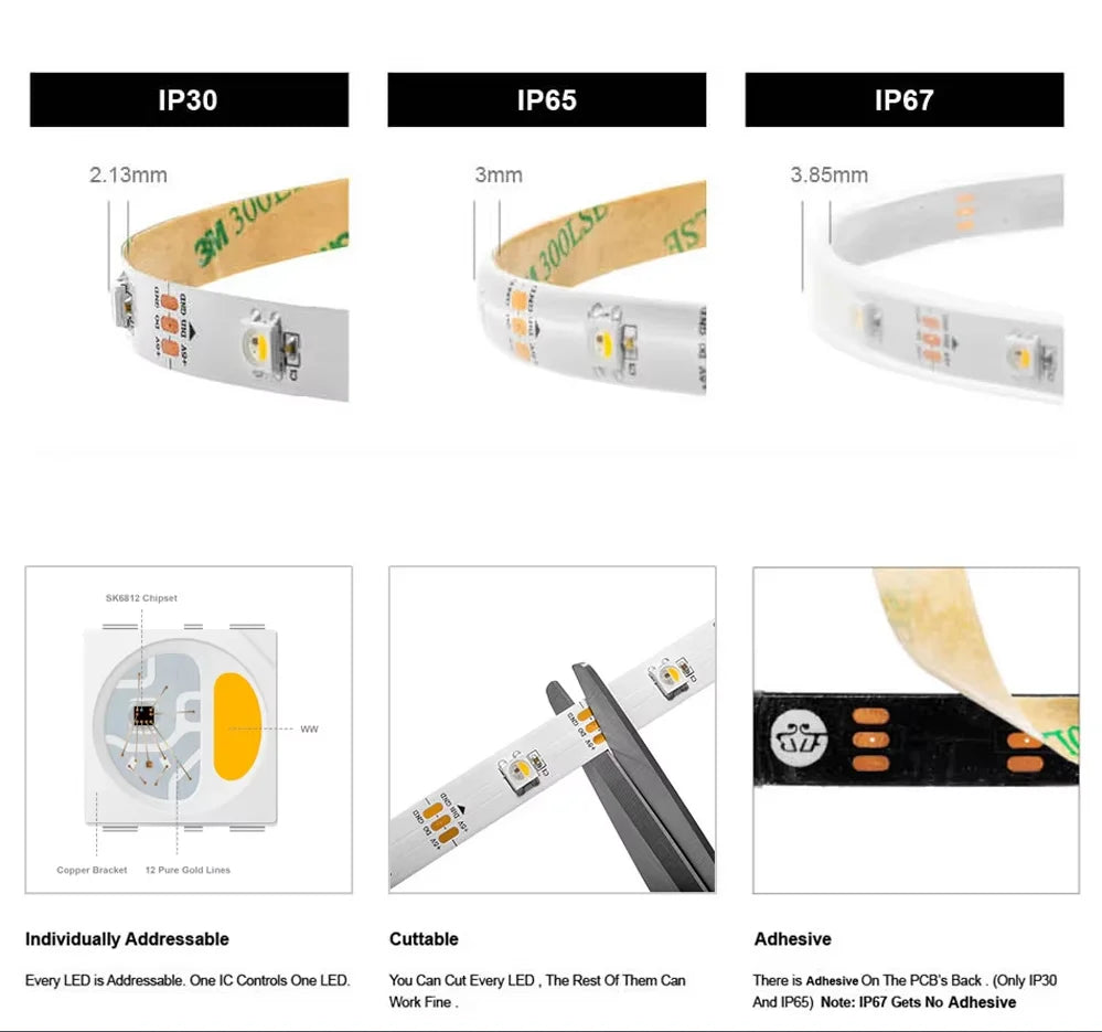 DC12V SK6812 RGBW LED Strip Light 4 in 1 Similar WS2812B 60 144 LED Individual Addressable Smart Pixels Magic RGB CW NW WW Light