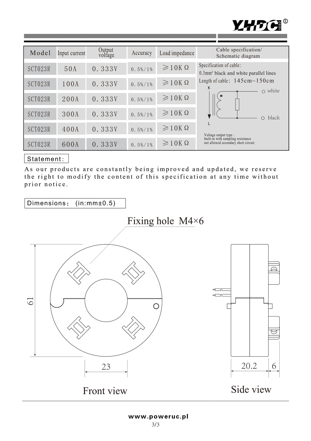 YHDC SCT023R Input 100A/200A/300A/400A Output 50mA/80mA/100mA  Accuracy 0.5% Split Core Current Transformer