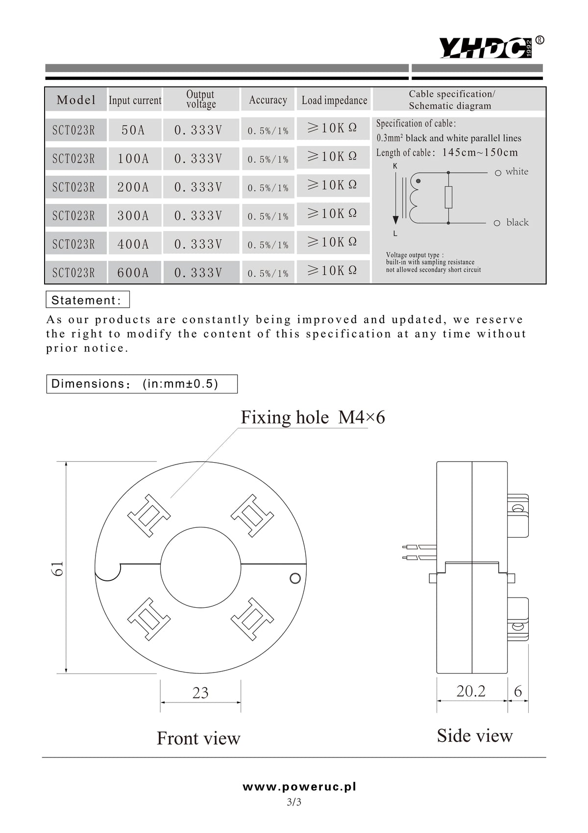 YHDC SCT023R Input 100A/200A/300A/400A Output 50mA/80mA/100mA  Accuracy 0.5% Split Core Current Transformer