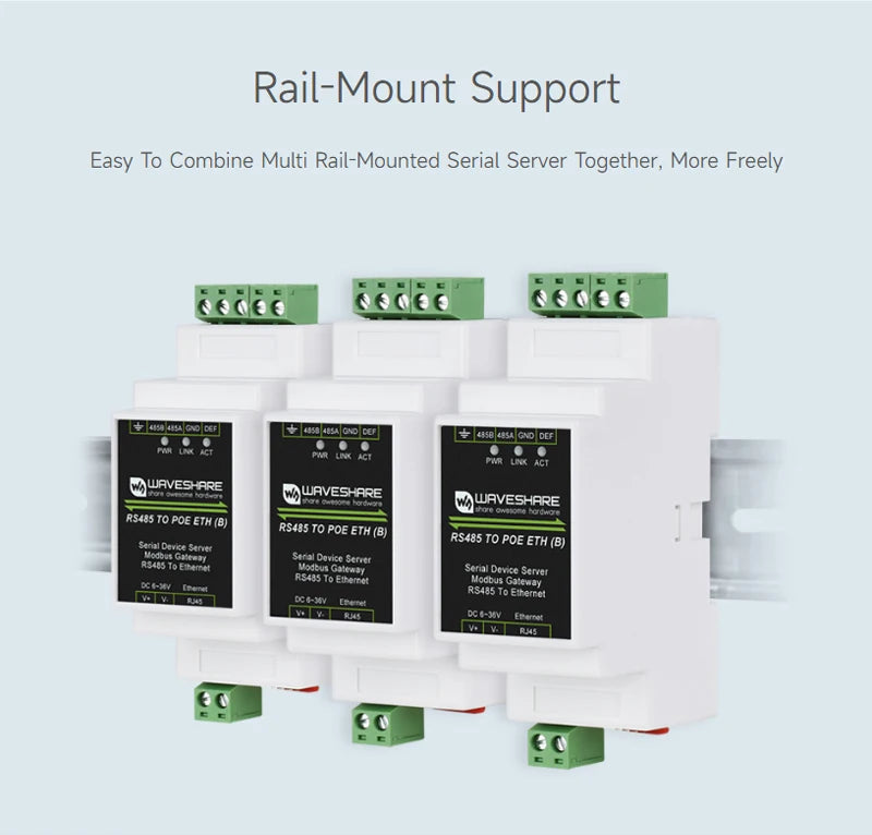 RS485 to RJ45 Ethernet Module Industrial Serial Server TCP/IP to Serial Support Rail-Mount Modbus Gateway Optional POE Function