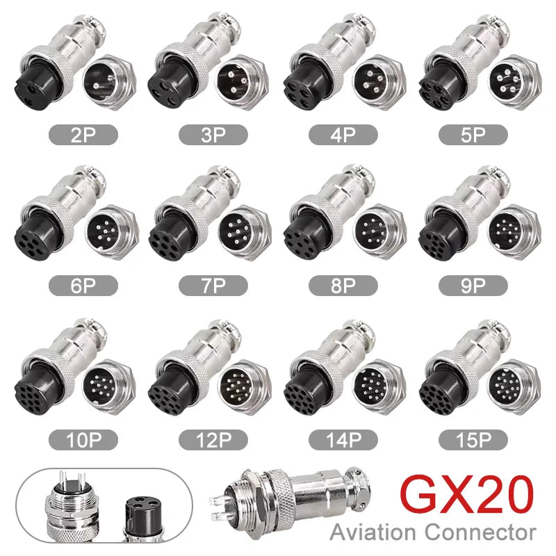5/20PCS GX20-2/3/4/5/6/7/8/9/10/12/14/15Pin Aviation Connector Nut Type Socket Plug Metal Circular Panel Connector