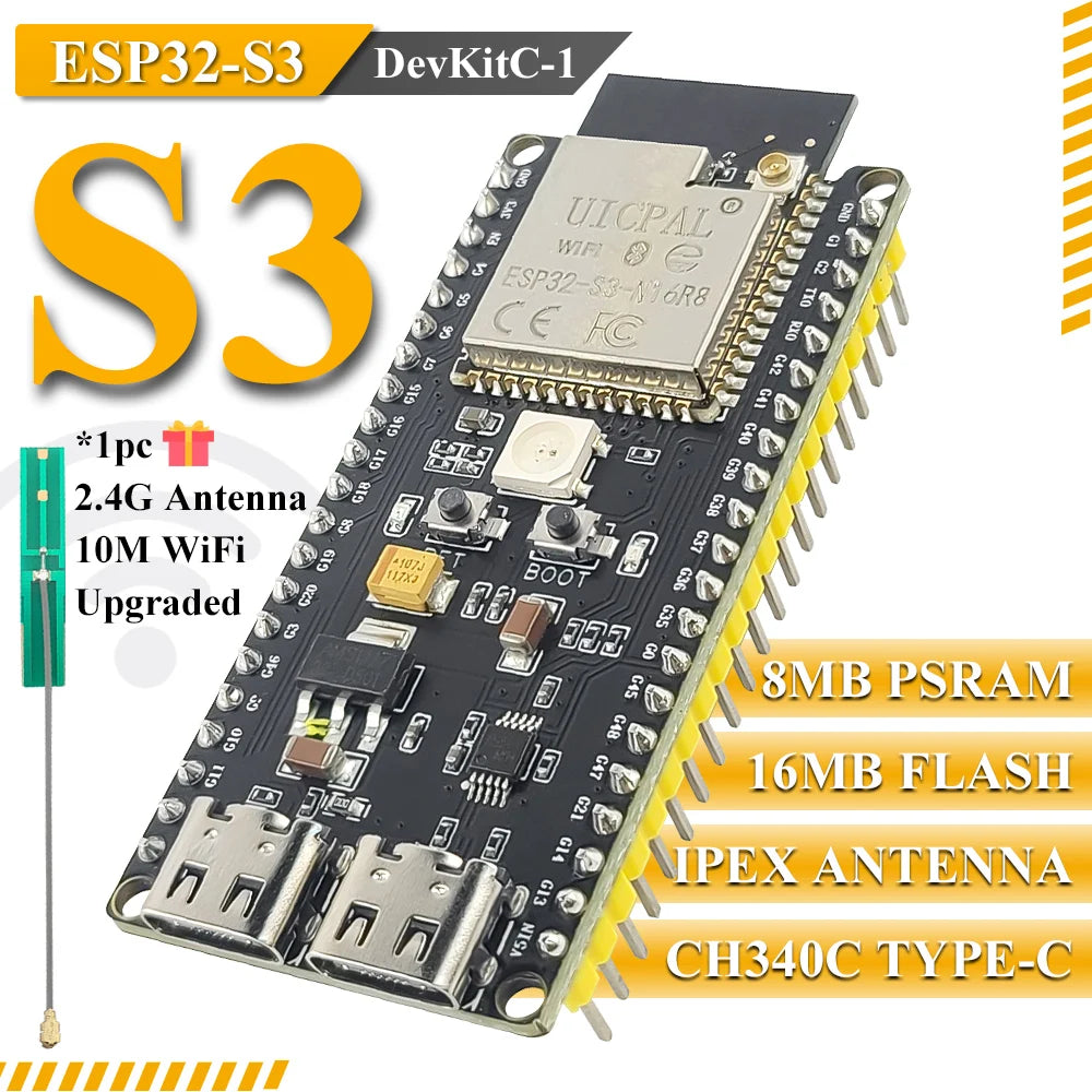 ESP32-S3-DevKitC-1 Development Board BT 2.4G Wifi Module for Arduino 8MB PSRAM 16MB FLASH N16R8 42Pin CH340C Type-C ESP32S3