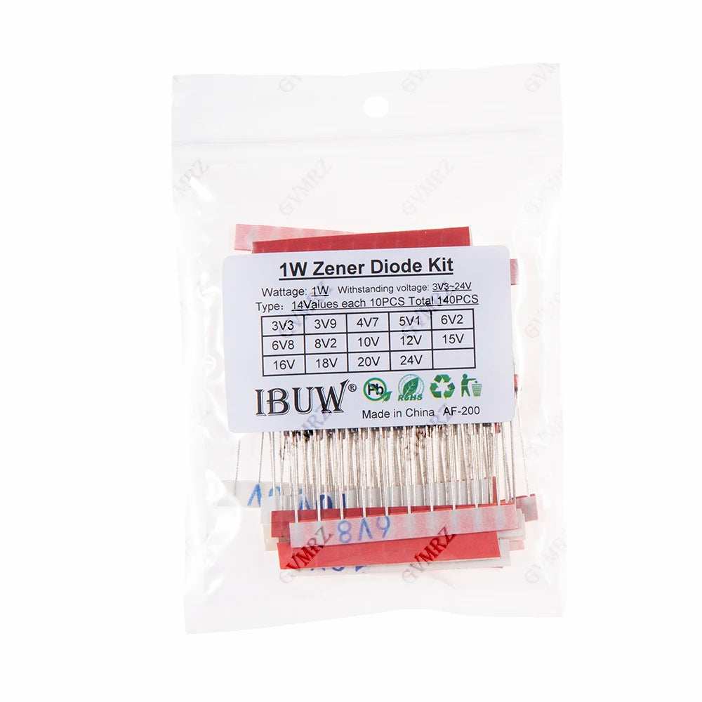 140pcs/Lot 1W Zener Diode Assorted Kit 3.3V-24V 14values*10pcs=140pcs Electronics Component Sample Set 3.3V 3V9 4V7 5V1 6V2 6V8