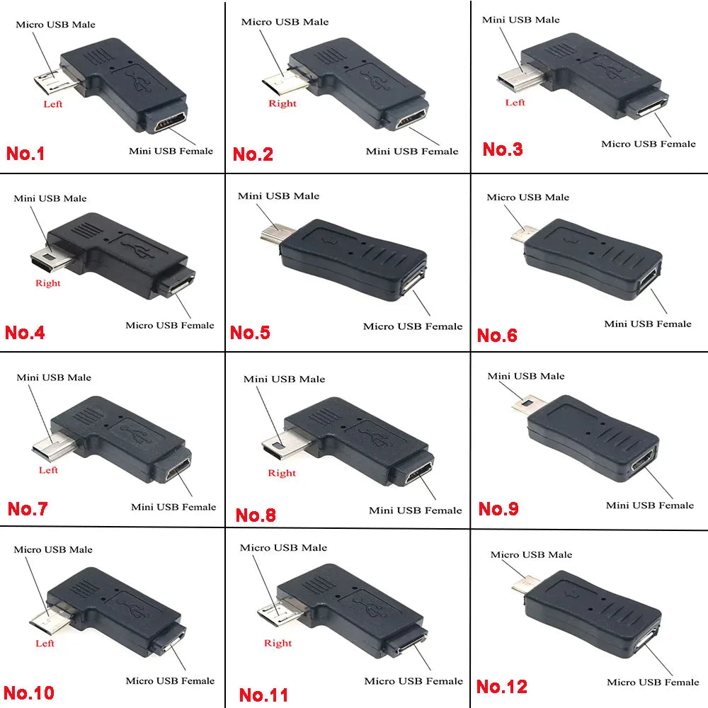 New Mini USB to Micro USB Adapter Plug 90 Degree Left&Right Angle Micro USB Male to Mini USB Female Type B Connector