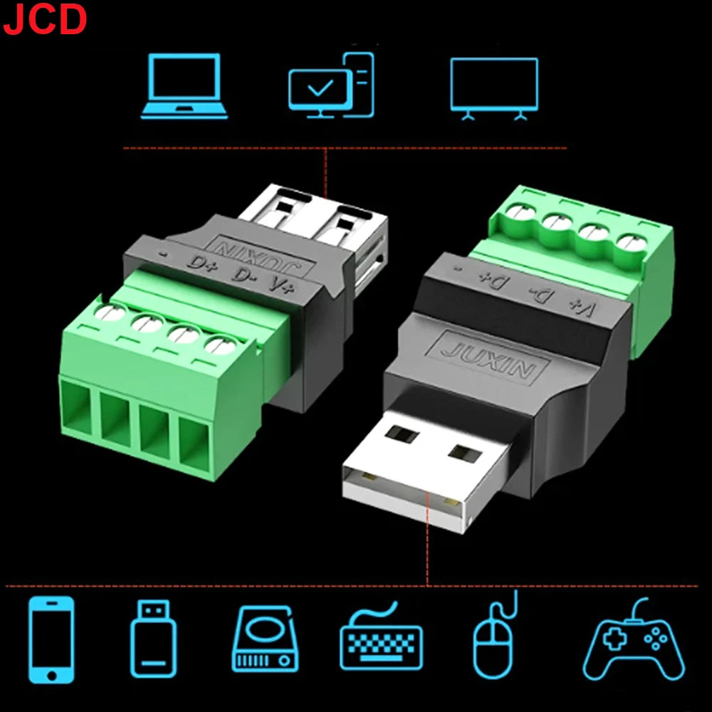 JCD USB 2.0 Connector Avoid Welding Plugs USB Type A Male Female to 4Pin 5pin Screw Terminal Socket Adapter Plug For Computer TV