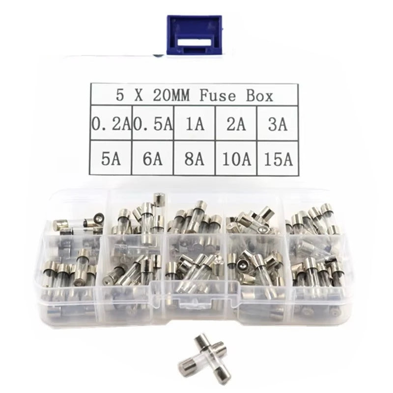 100Pcs/Set 5x20mm Quick Blow Glass Tube Fuse Assorted Kits,Fast-blow Glass Fuses 0.2A 0.5A 1A 2A 3A 5A 8A 10A 15A 20A