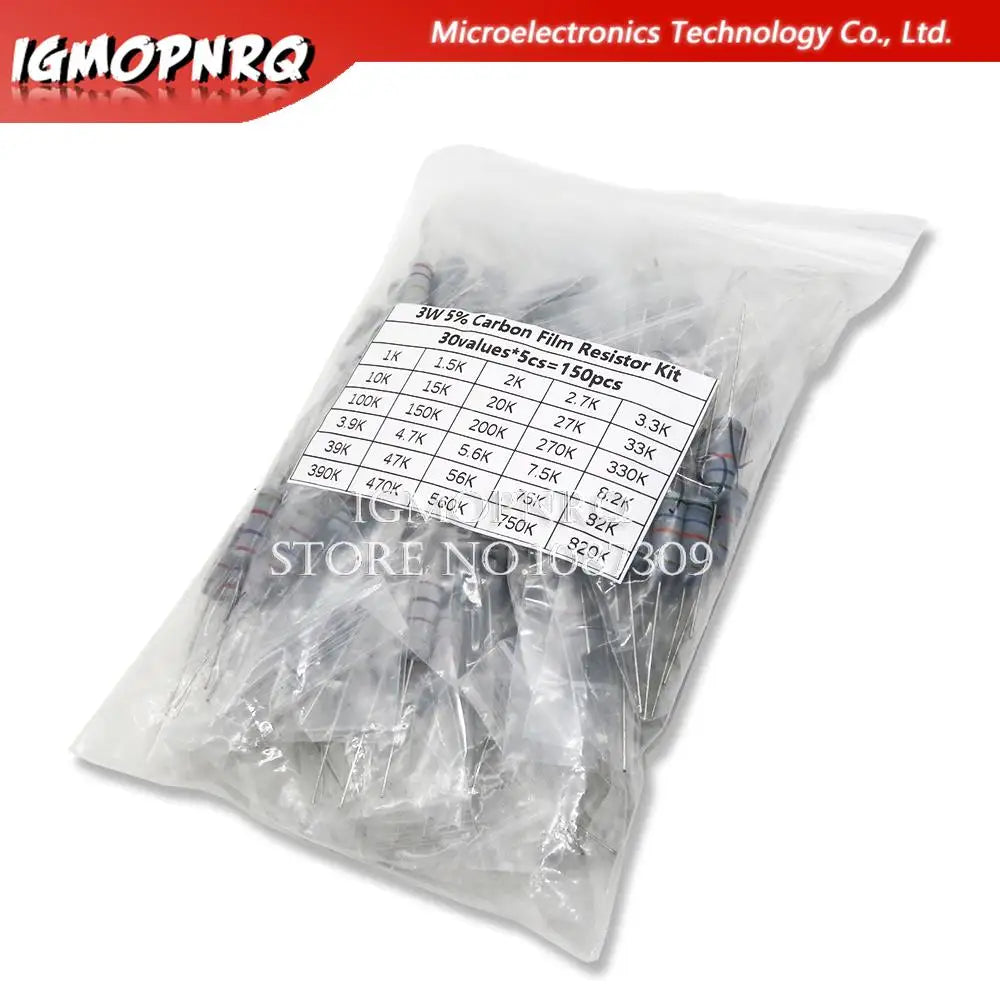 150PCS 300PCS Resistor Kit 1W 2W 3W 5W 5% 30Kinds X 10PCS Carbon Film Resistance 0.1-750 ohm Set 1k-820K 30Kinds X 5PCS hjxrhgal