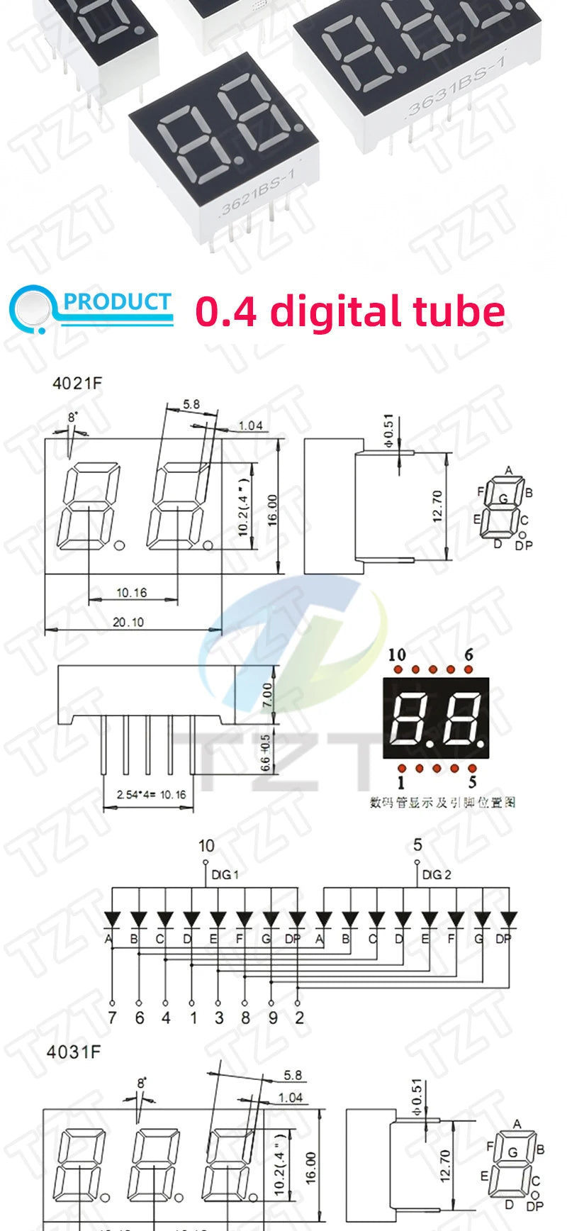 TZT 0.28/0.36/0.4/0.56 inch LED display 7 Segment 1/ 2 / 3 / 4 Bit Digit Tube Red Common Cathode / Anode Digital led 7segment