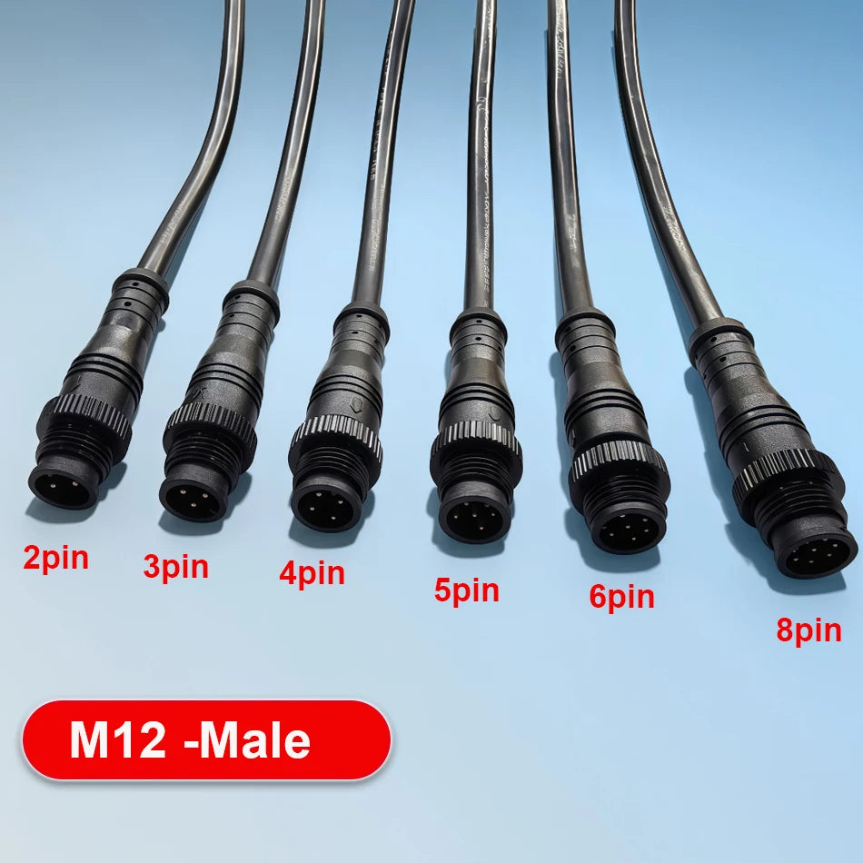 5Pairs M12 Small Metal Head Black Waterproof IP67 2 3 4 5 6 8Pin Cable Wire Plug for LED Strips Male and Female  DC Connector