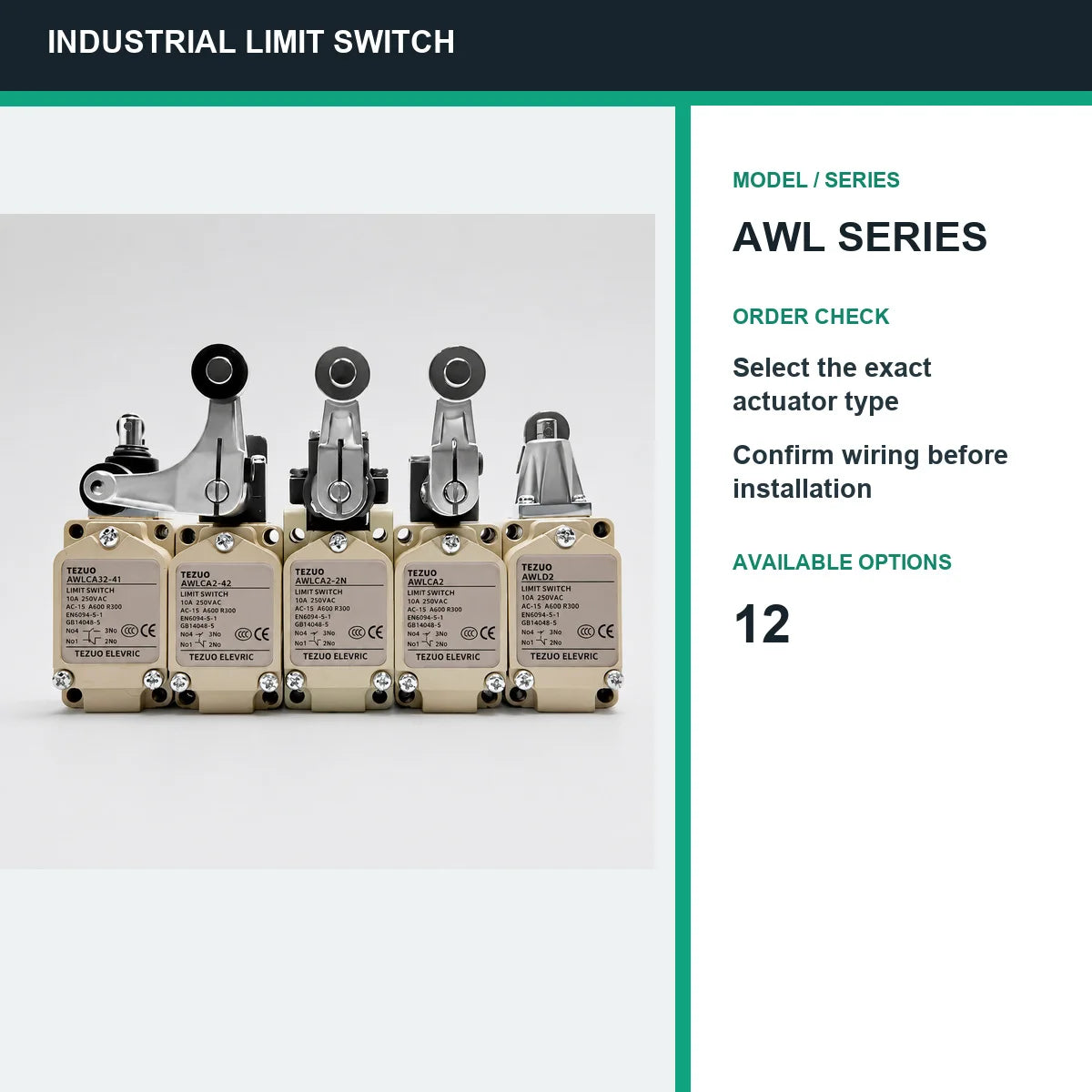 TEZUO AWL Series IP67 Limit Switch, 15 Actuator Models for Industrial Automation