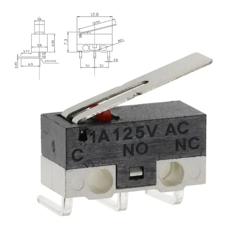 20Pcs Micro Limit Switch 3Pins Long Handle Roller Lever Arm SPDT Momentary Push Button Switch for Mouse DIY Accessories