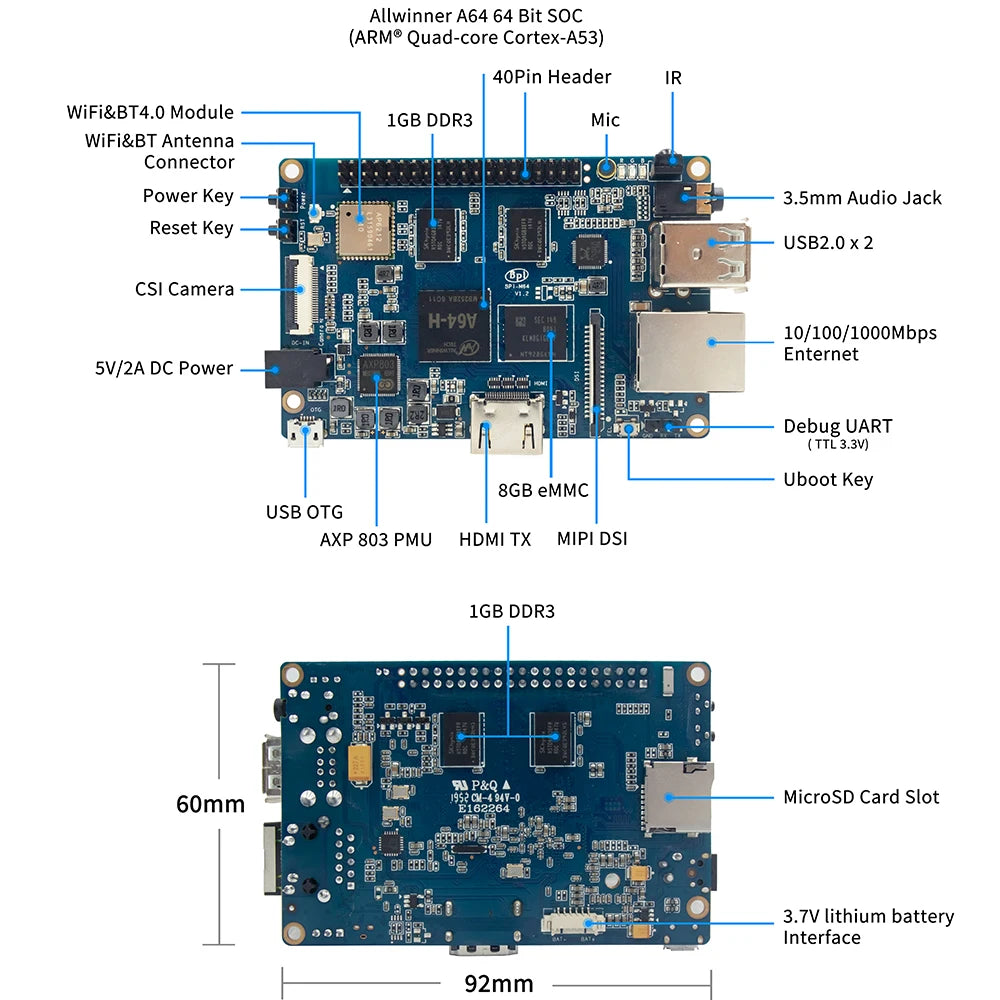 Smartfly banana pi BPI-M64 quad-core 64 bit SBC with allwinner A64 1.2 Ghz Quad-Core ARM Cortex A53 Android and Linux Demo Board