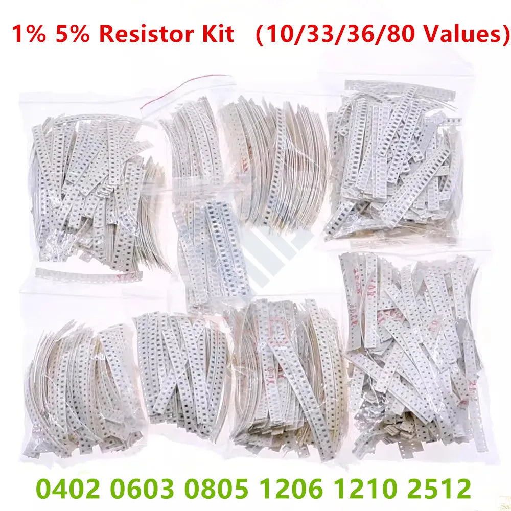 0402 0603 0805 1206 1210 2512 SMD Resistor Assorted Kit 10K 100K 1K 1R 100R 220R Resistance 1% 5% Sample Pack