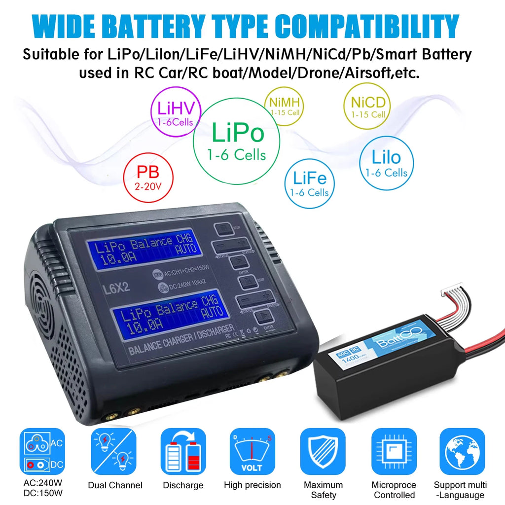 HTRC L6X2Lipo Intelligent Balanced Charger for RC Model Aircraft Dual Channel 2-6S Remote Control LiPo Battery Charger