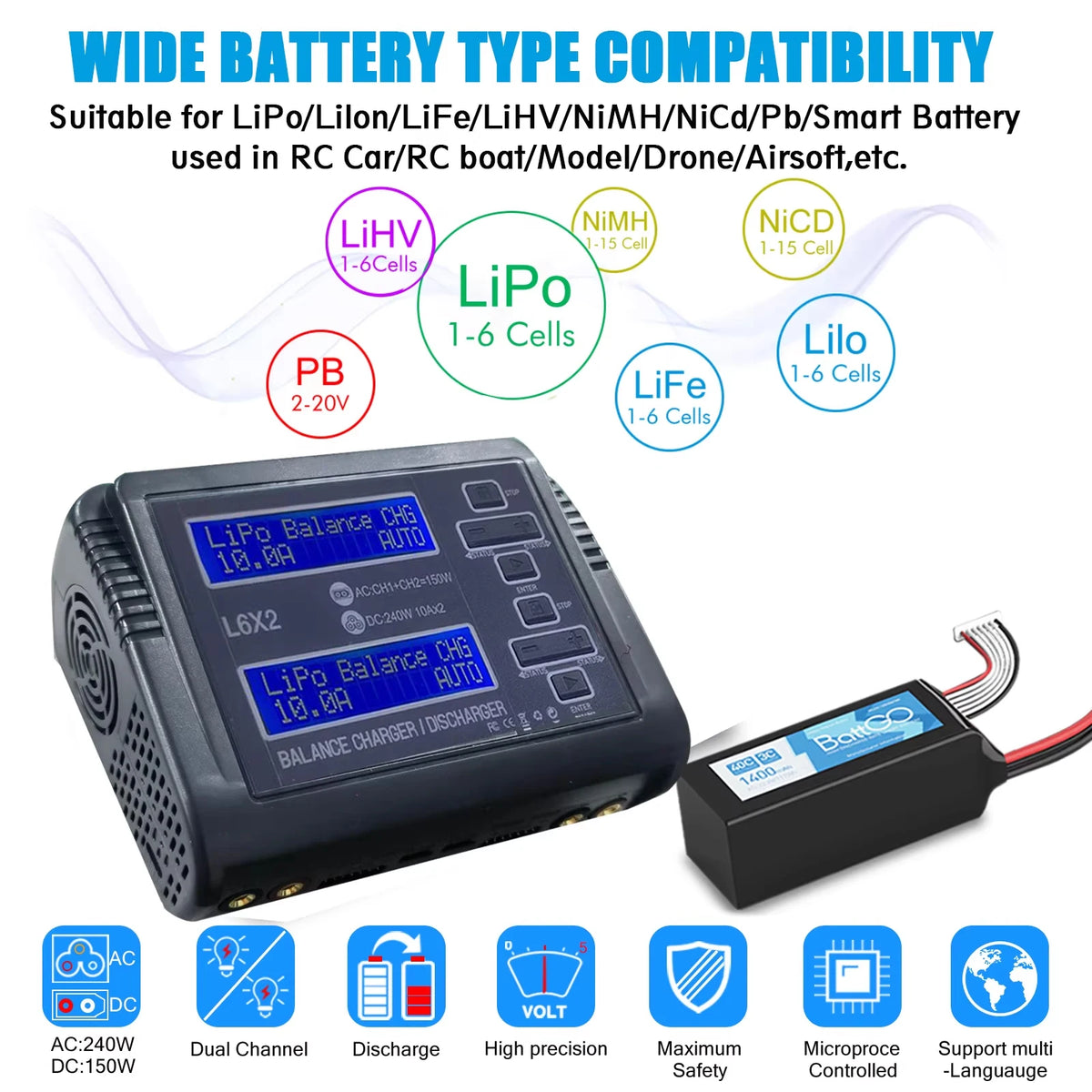 HTRC L6X2Lipo Intelligent Balanced Charger for RC Model Aircraft Dual Channel 2-6S Remote Control LiPo Battery Charger
