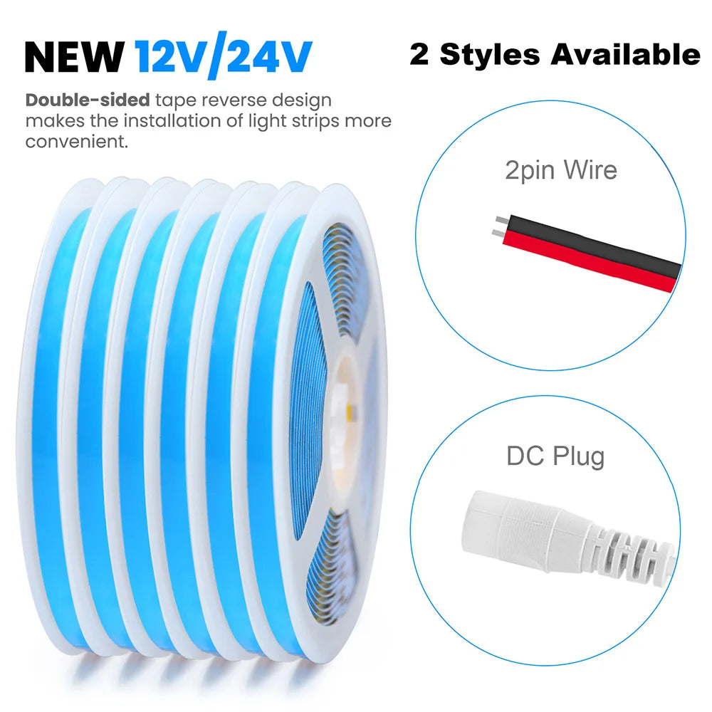 DC 12V 24V COB LED Strip Light 320 480 528 LEDs Flexible Tape High Density Linear Lighting Warm White 8mm PCB 0.5m 1m 2m 5m 10m