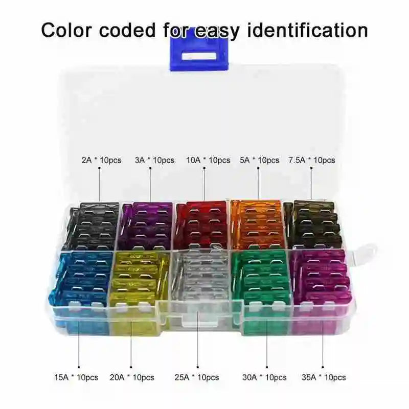 50/100Pcs Car Fuses Kit Assorted Auto Truck Standard Blade Fuse Assortment 2A 3A 5A 7.5A 10A 15A 20A 25A 30A 35A Auto Fuse