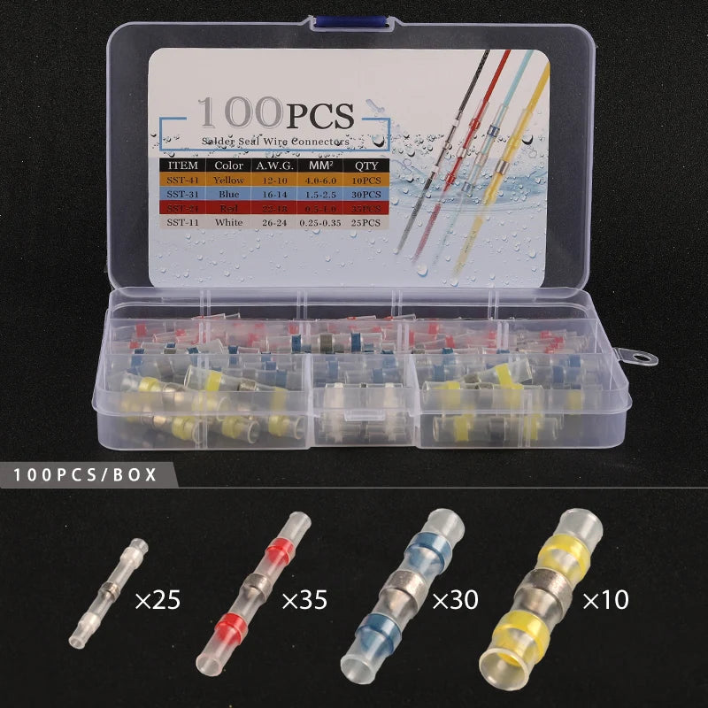 50/100/120/150/250/400Pcs Boxed 26-10AWG 0.25-6mm Waterproof Solder Seal Sleeve Splice Terminals Heat Shrink Tin Butt Connectors