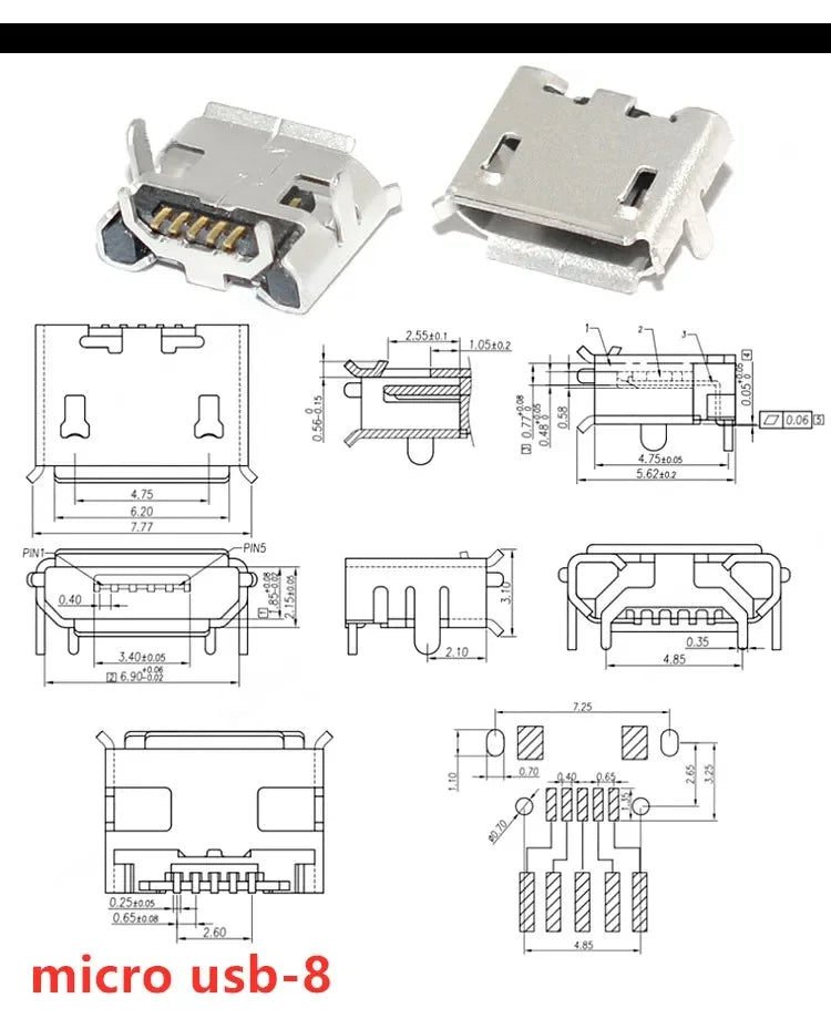 20pcs Micro USB 5 Pin SMT Socket Connector Type B Female Placement DIP SMD USB Charging Adapter Connectors Plug