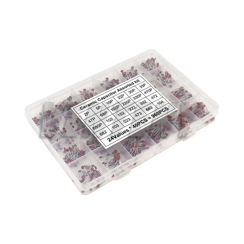 960PCS Ceramic Capacitor Assortment Kit 50V 24Values*40pcs 2pF-0.1uF Capacitance Set DIY Pack