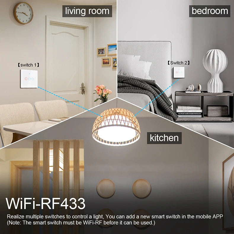 Works With Tuya WiFi Smart Switch Alexa No Neutral Wire Wireless RF433Mhz Remote Wall Touch Sensor Lightes Switch 1/2/3Gang