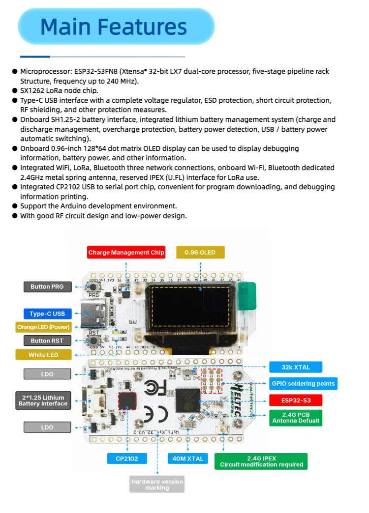 Heltec V3 WiFi LoRa 32 ESP32 LoRa WiFi BLE OLED Low Power IoT 863-928MHZDev-Board Kit Meshtastic MeshCore Arduino Supported