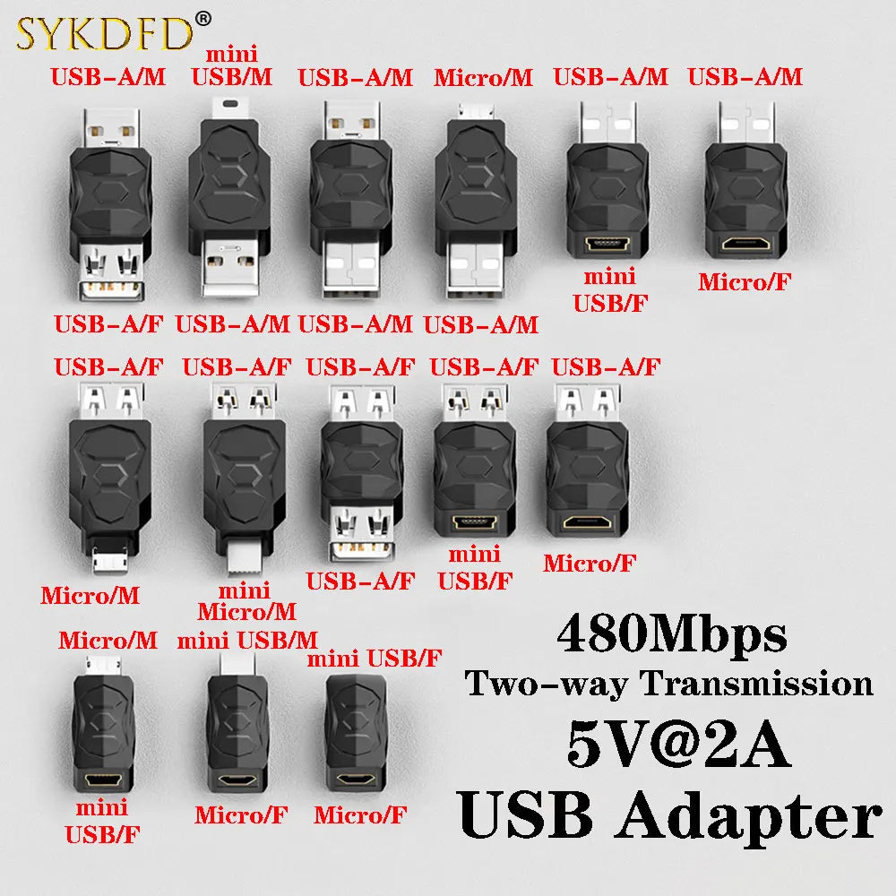2Pcs 480Mbps Bidirectional USB Transmission Adapter USB 2.0 Adapter Micro/Mini Male Female Converter Connector