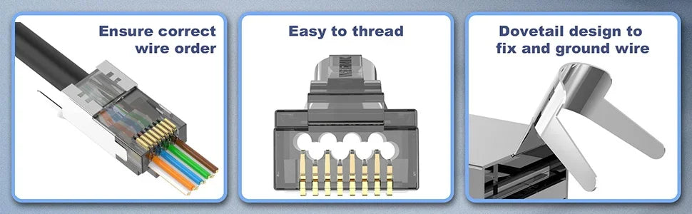 Natalink CAT6A CAT7 RJ45 Connector Pass Through Shielded 3-Prong Gold Plated Modular Network Plug with Strain Relief Boots Black